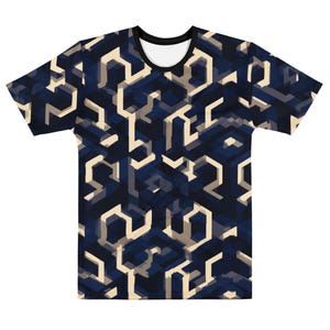 Geometric 3D Hexagon Pattern T-Shirt, All Over Print Mens Streetwear Tee, Optical Illusion Top, Futuristic Techwear Unisex Tshirt