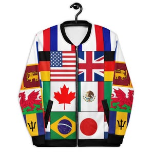 World Flag Bomber Jacket, International Flag Streetwear, Global Flag Patchwork Jacket, Travel Style Unisex Zip Jacket