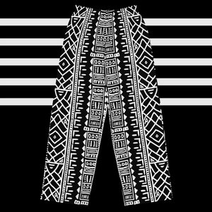 May include: Black and white patterned pants with a geometric design. The pants have a wide leg and a high waist.