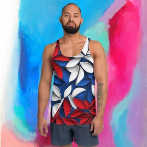 Men&#39;s Graphic Tank Top: Sporty Red, White & Blue Leaf Design