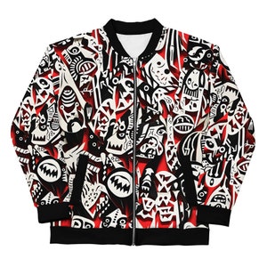Kirigami Fusion Bomber Jacket: Red & Black Abstract Art