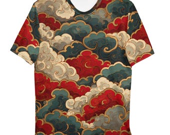 Herren Asiatisch Wolken Print Shirt, Orientalisches Muster Streetwear Shirt, Fashion Tee