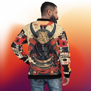 Bold Graphic Samurai AOP Bomber Jacket Gift Idea for Friend, Japanese Warrior Design, trendy streetwear Gift for Student Bomber Jacket