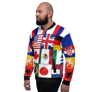World Flag Bomber Jacket, International Flag Streetwear, Global Flag Patchwork Jacket, Travel Style Unisex Zip Jacket