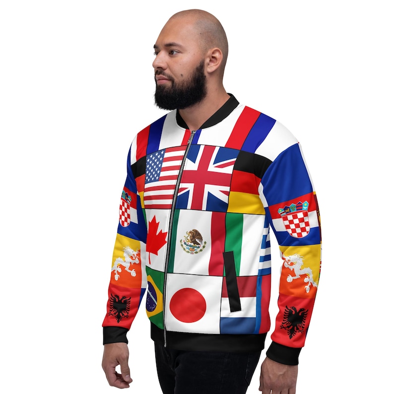 World Flag Bomber Jacket, International Flag Streetwear, Global Flag Patchwork Jacket, Travel Style Unisex Zip Jacket