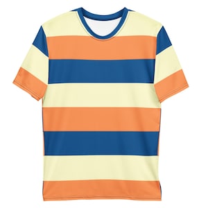 Könnte beinhalten: Ein kurzärmeliges T-Shirt mit einem horizontalen Streifenmuster in den abwechselnden Farben Orange, Creme und Dunkelblau. Der Rundhalsausschnitt ist mit einem einfarbigen dunkelblauen Stoff abgesetzt, und die Streifen setzen sich fort.