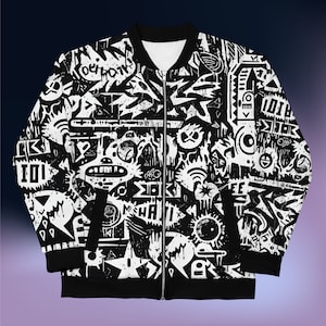 Abstract Graphic Acid Wash Bomber Jacket: Unisex Sporty Jacket