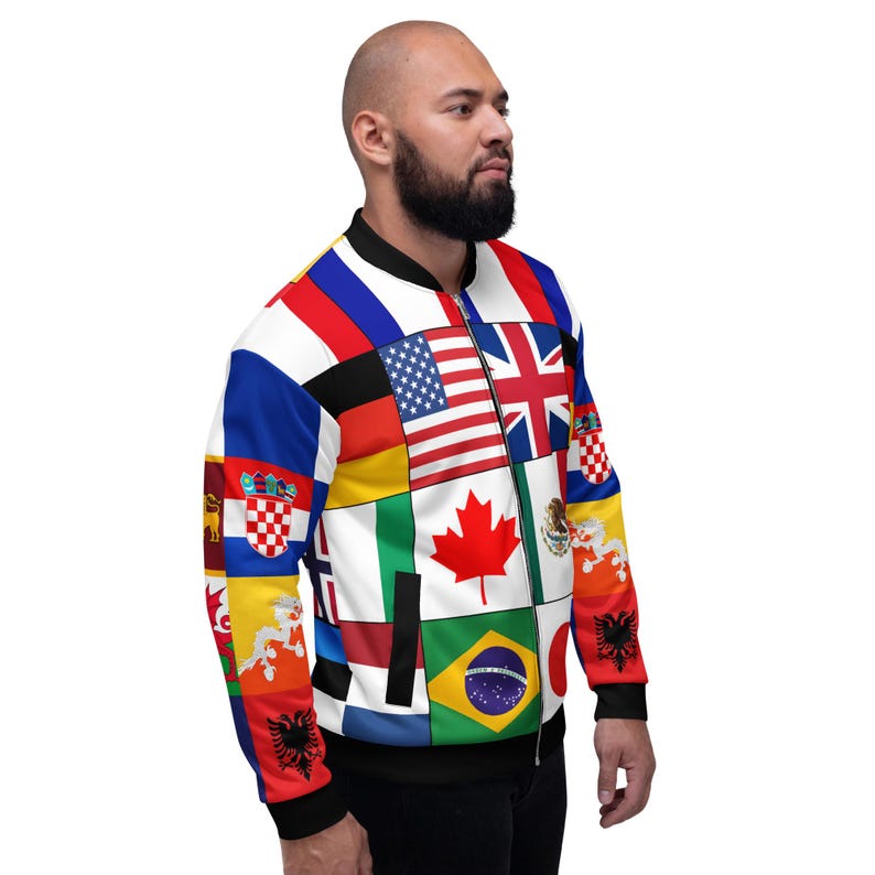 World Flag Bomber Jacket, International Flag Streetwear, Global Flag Patchwork Jacket, Travel Style Unisex Zip Jacket