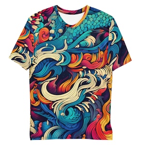 May include: A short-sleeve t-shirt featuring an all-over graphic print of swirling waves and abstract patterns in vibrant shades of blue, red, orange, yellow, and teal against a dark background, with a round neckline and a straight hemline.