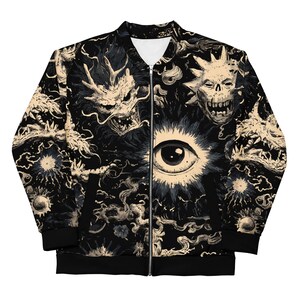 May include: Black bomber jacket with a full-coverage print featuring a large eye, dragons, and skull imagery in shades of black, cream, and grey. The jacket has a zip closure, black ribbed cuffs, and a black ribbed hem. The jacket is a unisex garment.