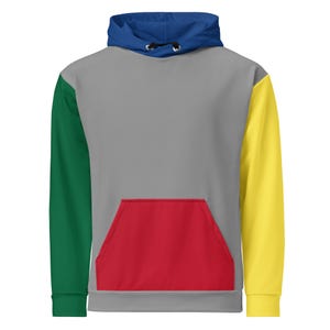 Puede incluir: Una sudadera con capucha de bloques de color que presenta un torso gris, una capucha azul con cordones negros, una manga derecha verde, una manga izquierda amarilla y un bolsillo canguro rojo. La prenda tiene mangas largas y capucha.
