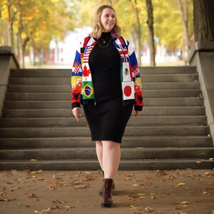 World Flag Bomber Jacket, International Flag Streetwear, Global Flag Patchwork Jacket, Travel Style Unisex Zip Jacket
