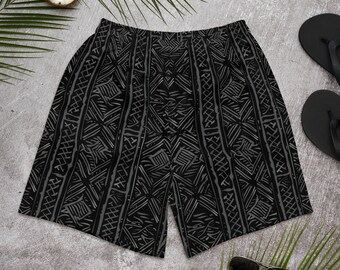 May include: Black athletic shorts with a geometric pattern in gray. The pattern is reminiscent of traditional Polynesian designs.