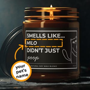 May include: A lit candle in a brown glass jar with a black lid. The label reads "SMELLS LIKE... MILO DIDN'T JUST poop" with a cat illustration. The text "your pet's name" is in a circle on the bottom left.