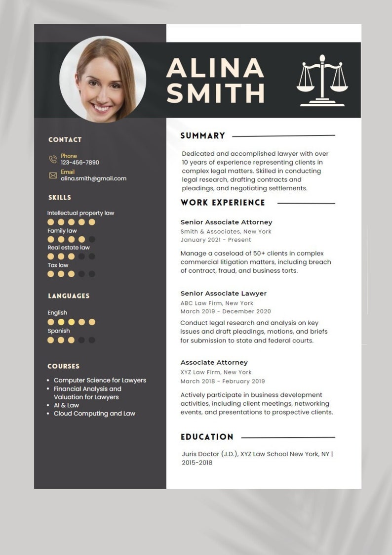 Lawyer CV Template in Canva,1 Page Cv Template Etsy