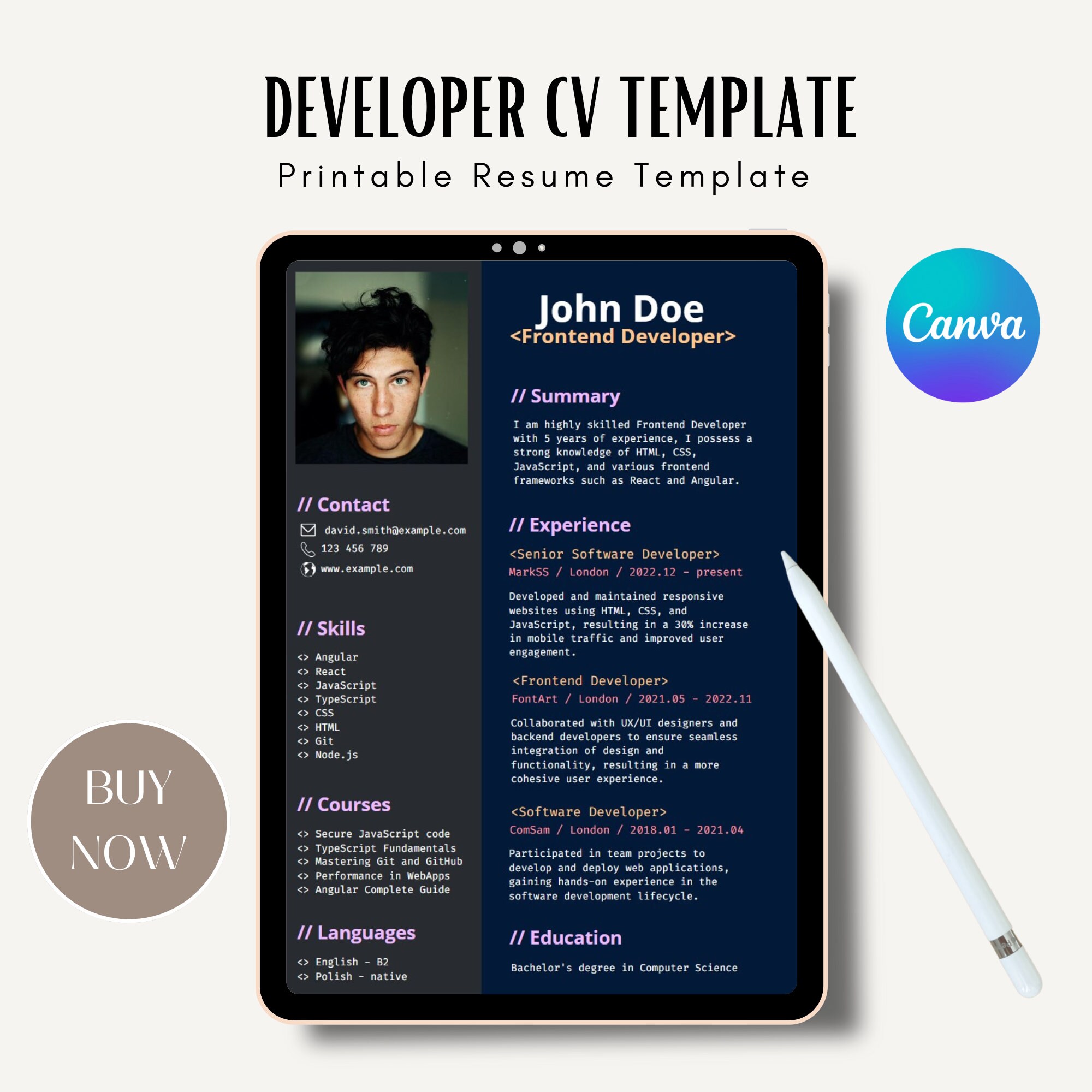 Printable Developer CV Template and Cover Letter - Etsy