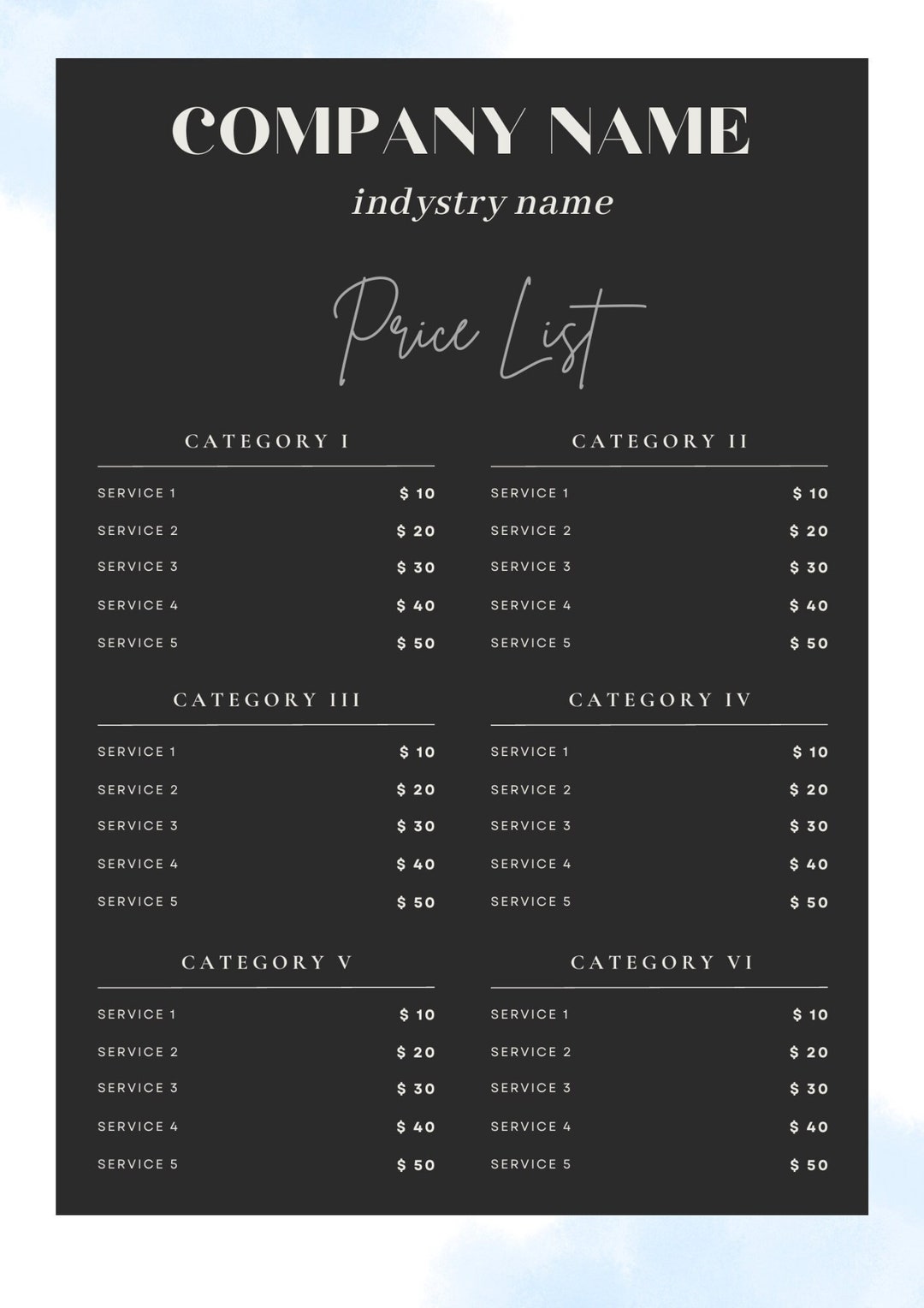Canva Price List Template, Pricelist Template Etsy