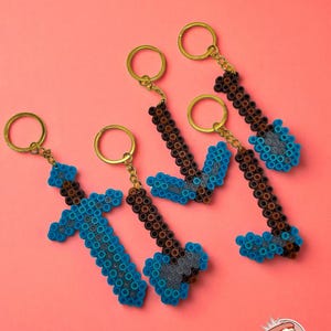 Pixel Diamond Tool Keychains – Handmade | Perler Beads | Sword, Axe, Pickaxe, Shovel, and Hoe Charms | Gamer Gift | Bag Charm