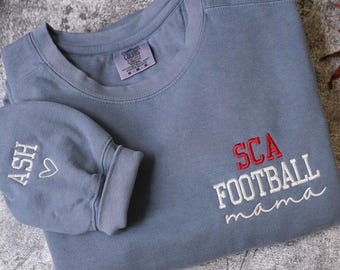 Personalized Football Mama Shirt, Embroidered Football Mom Shirt with Kids Name on Sleeve, Custom Football Mom crewneck Football Mama hoodie
