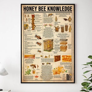 Cartel del conocimiento de las abejas melíferas, decoración del hogar de las abejas, decoración de la pared de las abejas melíferas, la anatomía de una abeja melífera, ciclo de vida de las abejas melíferas, 3 tipos de abejas