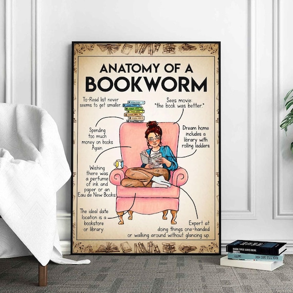Anatomy Of A Bookworm Poster, Book Poster, Bookish Gifts, Classroom Decor, Book Decor, Reading Poster, Reading Book, Reading Wall Art