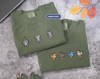 Embroidered Stardew Valley Cat Shirt, Stardew Valley Chicken Sweatshirt, Gamer Shirt, Cozy Gaming Hoodies Gift for him, Comfort Colors