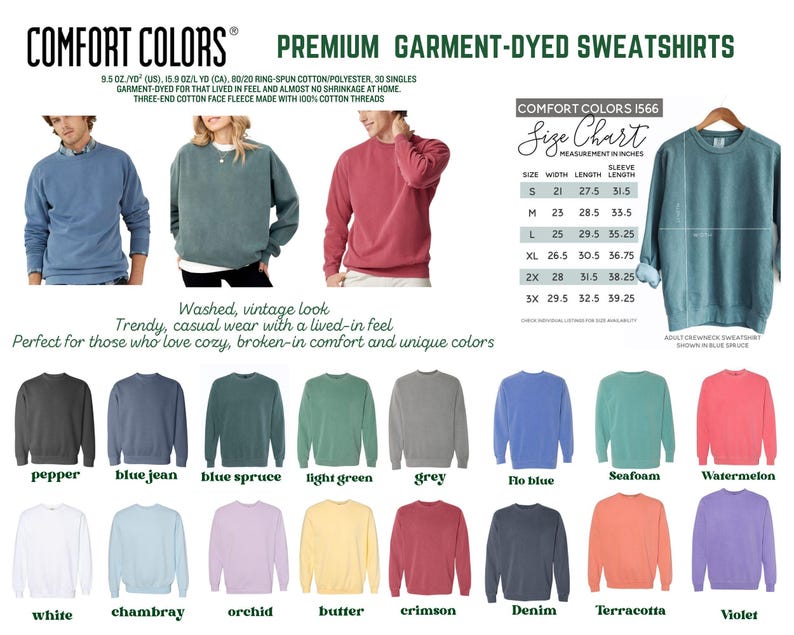 The image is a collage of various color options for premium garment-dye sweatshirts, including different shades of blue, green, gray, and more. The image also includes a size chart for these sweatshirts, providing measurements for different sizes.