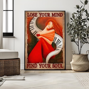 Music Vintage Poster, Lose Your Mind Find Your Soul Vintage Print, Girl With Wine Art, Music Gift Idea , Music Wall Art, Music Gift