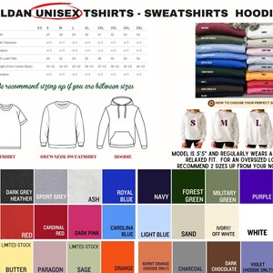 The image is a collage of various sweatshirts and hoodies in different colors, including military green, white, red, black, navy, and more.