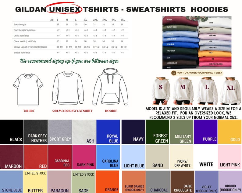 The image is a collage of various sweatshirts and hoodies in different colors, including military green, white, red, black, navy, and more.