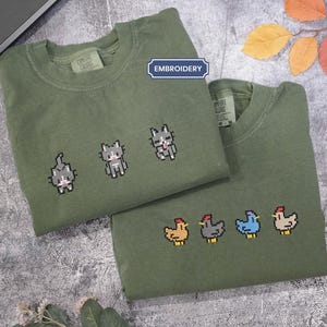 Embroidered Stardew Valley Cat Shirt, Stardew Valley Chicken Sweatshirt, Gamer Shirt, Cozy Gaming Hoodies Gift for him, Comfort Colors