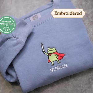 Huzzah Frog with Sword Tee, Embroidered Medieval Frog Shirt, Comfort Colors 1717, Funny DnD T-Shirt, Renaissance Faire Frog Gift