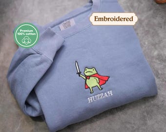 Huzzah Frog with Sword Tee, Embroidered Medieval Frog Shirt, Comfort Colors 1717, Funny DnD T-Shirt, Renaissance Faire Frog Gift