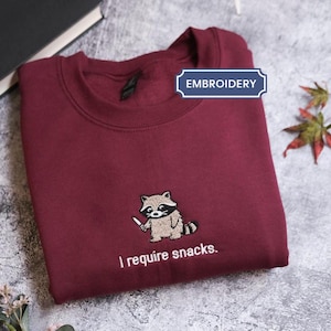 I Require Snacks Embroidered Raccoon crewneck, Funny Goblincore Animal Comfort Colors sweater, Cozy Snack Lover Gift, Cottagecore , Raccoon
