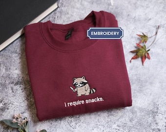 I Require Snacks Embroidered Raccoon crewneck, Funny Goblincore Animal Comfort Colors sweater, Cozy Snack Lover Gift, Cottagecore , Raccoon
