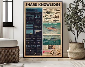 Sharks Vintage Poster, Types of Sharks, Sharks of the World, Nautical, Shark Anatomy, Sharks lover gift, Beach House Decor, Shark facts rint