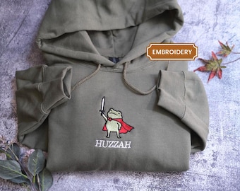 Huzzah Frog with Sword Tee, Embroidered Medieval Frog Shirt, Comfort Colors Funny DnD crewneck Renaissance Faire Frog Gift