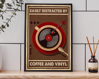Music Vintage Poster, Easily distracted by Coffee and Vynil Vintage Print, Girl With Coffee Art, Music Gift Idea, Music Wall Art, Music Gift