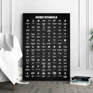 Peut inclure: Affiche encadrée noire avec des « Symboles Hobo » blancs sur fond noir. L'affiche présente divers symboles avec du texte comme « dame au grand cœur » et « médecin sans frais ». L'affiche est exposée dans une pièce avec une chaise blanche et des livres.