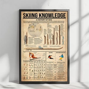 May include: Framed poster titled "Skiing Knowledge: A History of Skis." The poster features illustrations of skis, skiers, and snowboarding, with text detailing the history of skis and common mistakes. The poster is framed in black.