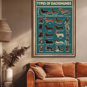 a poster of different types of dachshunds, including various breeds and colors, hanging on a wall above a brown couch in a living room.