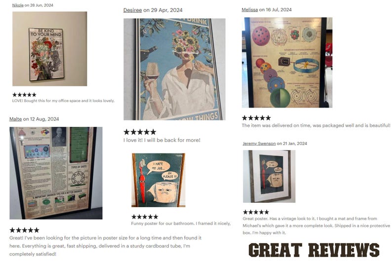 a collection of six different posters or artwork pieces, each with a rating and description. The posters vary in size, style, and content, and the ratings range from 5 stars to 4 stars. The descriptions provide information about the artwork, such as the artist, the subject matter, and the overall impression. The image is a collage of multiple images, and the text is not repetitive or redundant.