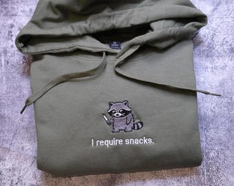 I require snacks sweatshirt, feral embroidered raccoon sweater, funny cozy gildan 18000, funny unhinged gift, embroidered animal sweatshirt