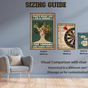 a wall with three framed artworks and a chair, along with a visual comparison of the chair's size to the artworks.