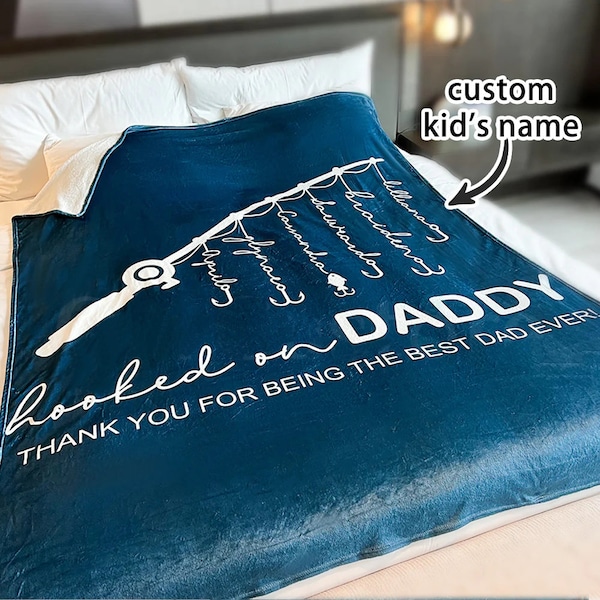 Personalisierte Hooked On Daddy Decke, Angeln Dad Geschenk, Custom Dad Blanket Geschenke, Papa Decke, Vatertagsgeschenk, Decke für Papa, Fisher Dad