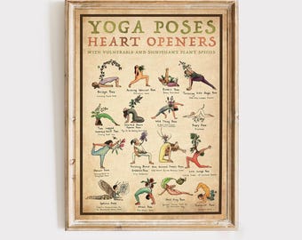 Yoga Poses Art Print, Vintage Yoga Heart Openers Yoga Gift for Enthusiasts, Mindfulness Wall Art, Boho Yoga Gift, Yoga Studio Print