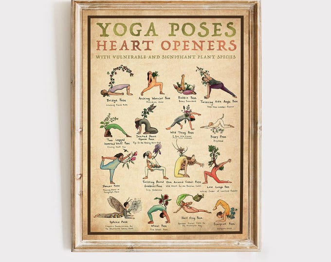 Yoga Poses Art Print, Vintage Yoga Heart Openers Yoga Gift for Enthusiasts, Mindfulness Wall Art, Boho Yoga Gift, Yoga Studio Print