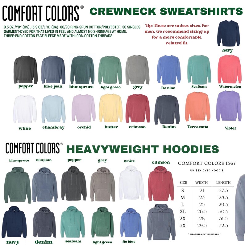 The image is a collage of various crew neck sweatshirts and heavyweight hoodies in different colors, sizes, and styles.