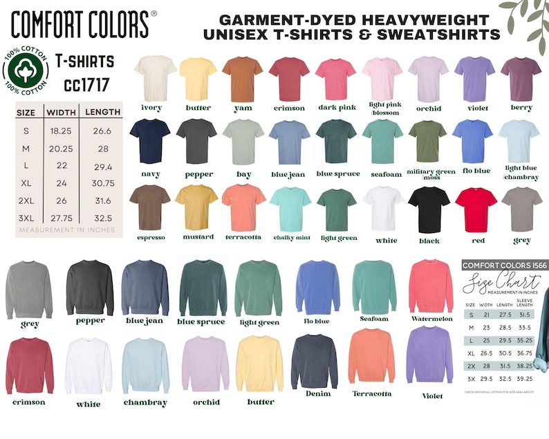 The image is a color chart for various sizes of T-shirts and sweatshirts, displaying a range of colors from white to dark pink.