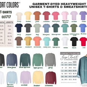 The image is a color chart for various sizes of T-shirts and sweatshirts, displaying a range of colors from white to dark pink.